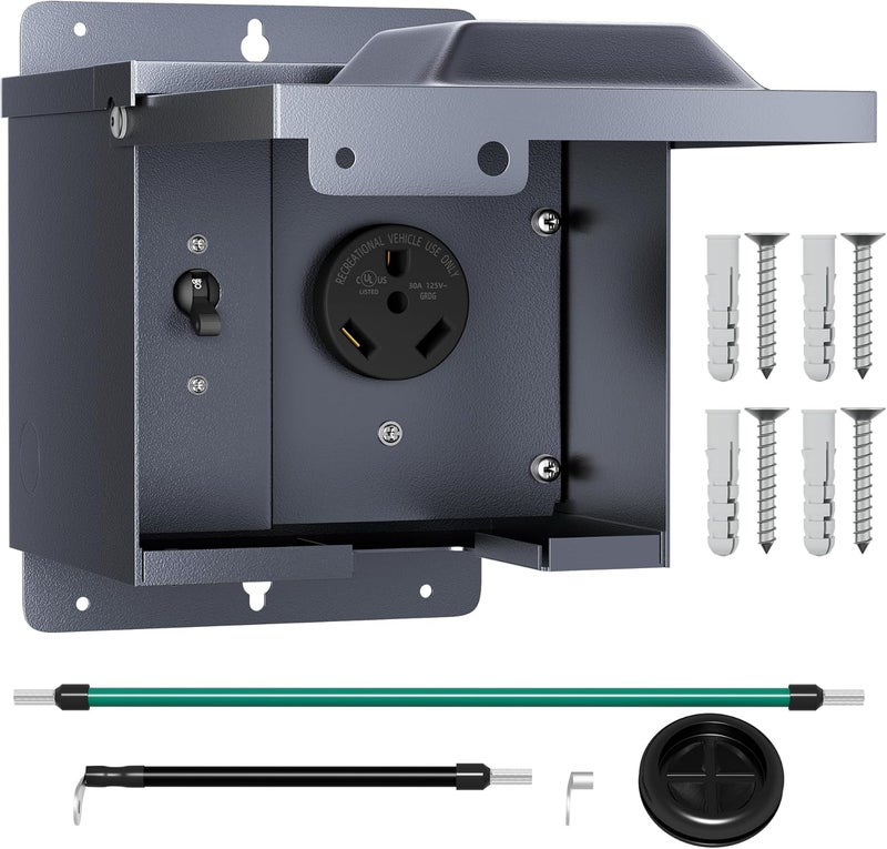 Joinfworld 30 Amp RV Power Outlet Box with Breaker, Weatherproof 125V Nema TT-30R RV Receptacle UL Listed, Lockable Electrical Breaker Box for RV Car Camper Trailer Motorhome - Image 1